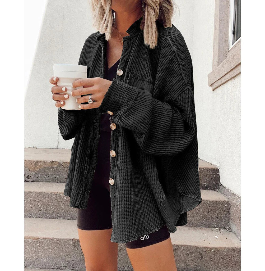 Women’s Shirt Jacket – Oversized Fit – Waffle Knit – Button Front – Raw Edge Detailing