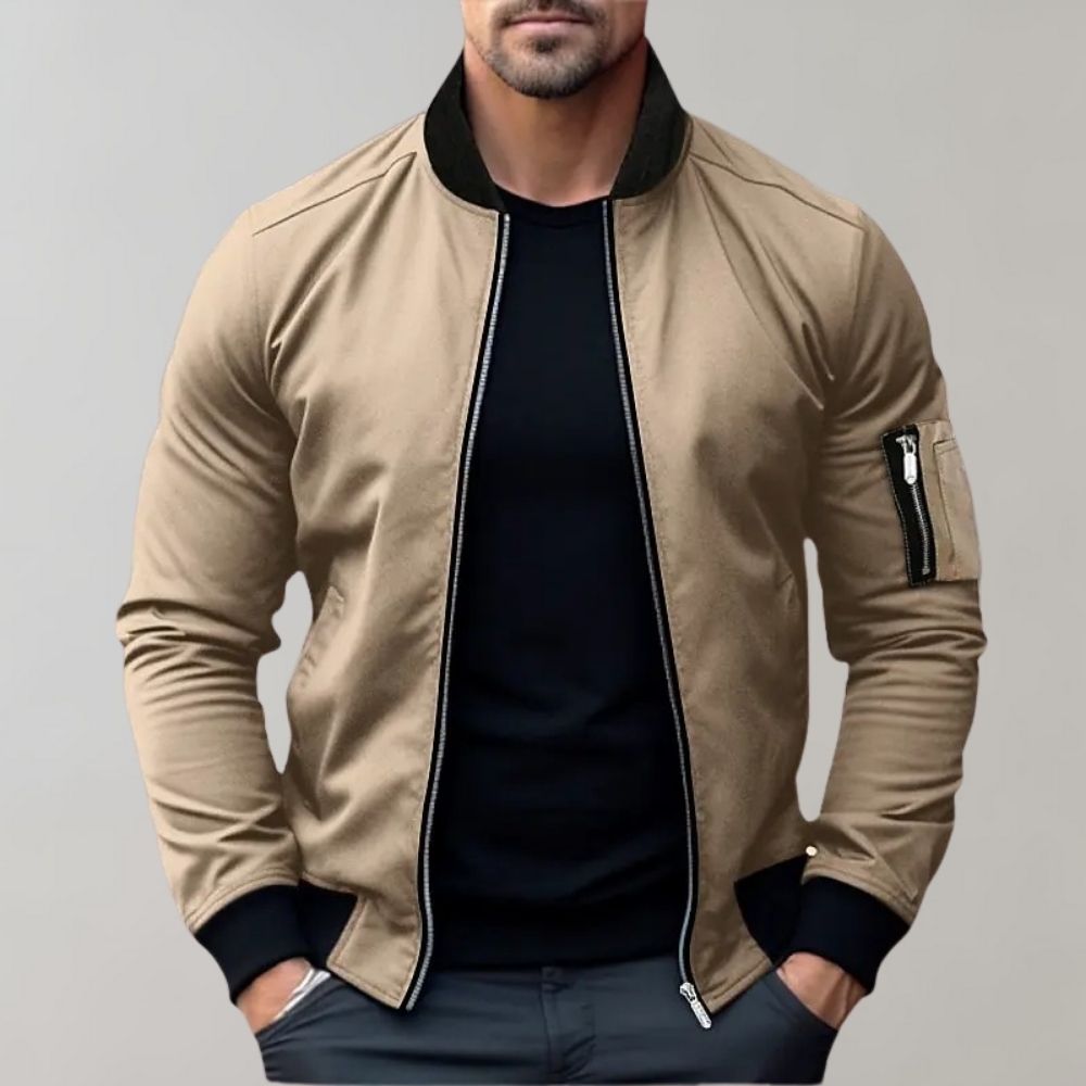 Men’s Bomber Jacket – Slim Fit – Lightweight Breathable Fabric – Ribbed Trim – Zip Sleeve Pocket