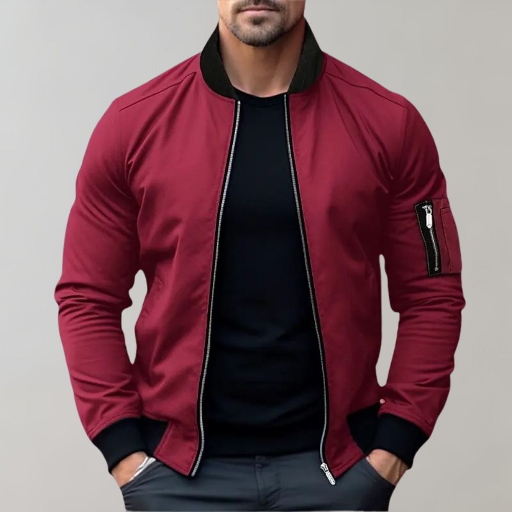 Men’s Bomber Jacket – Slim Fit – Lightweight Breathable Fabric – Ribbed Trim – Zip Sleeve Pocket