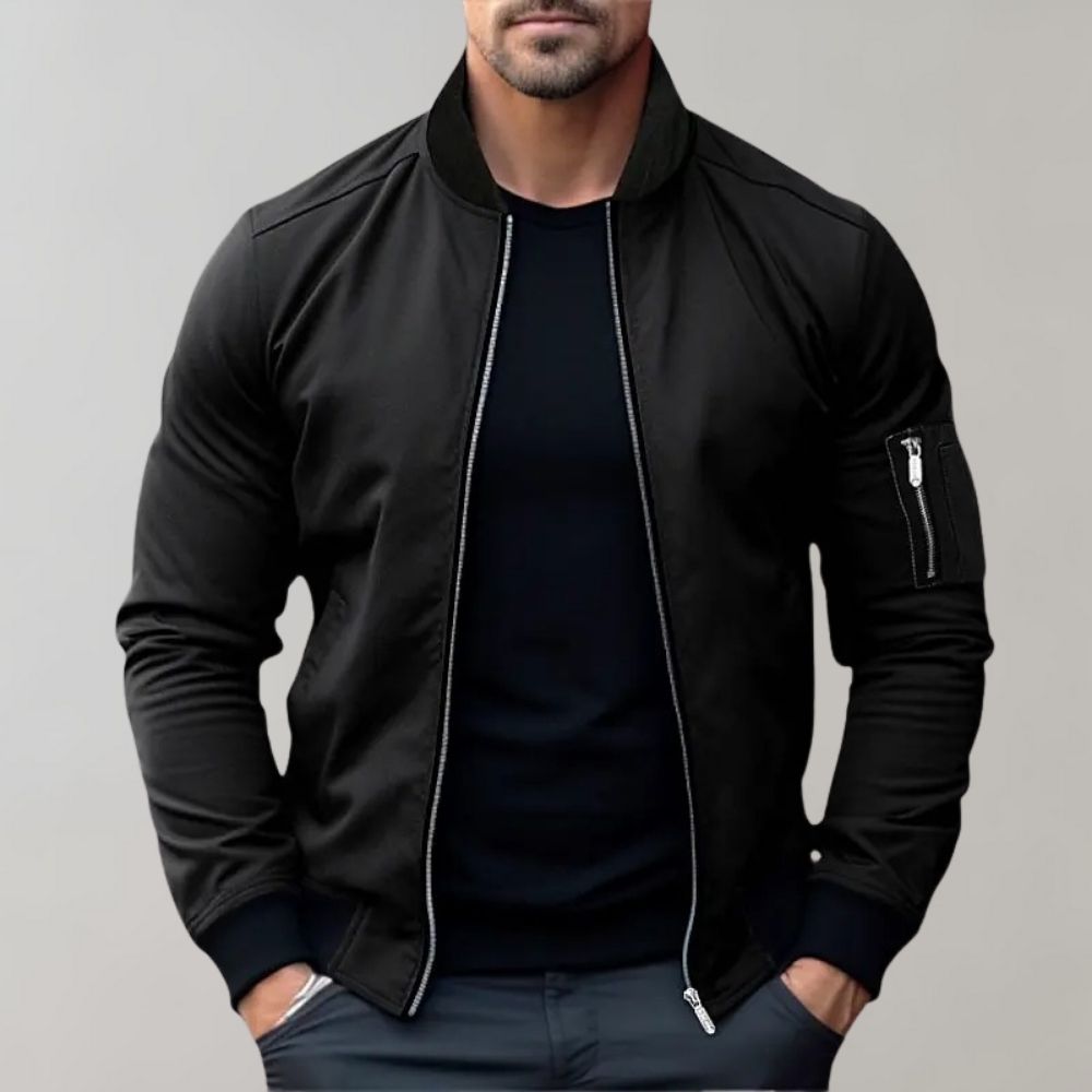 Men’s Bomber Jacket – Slim Fit – Lightweight Breathable Fabric – Ribbed Trim – Zip Sleeve Pocket