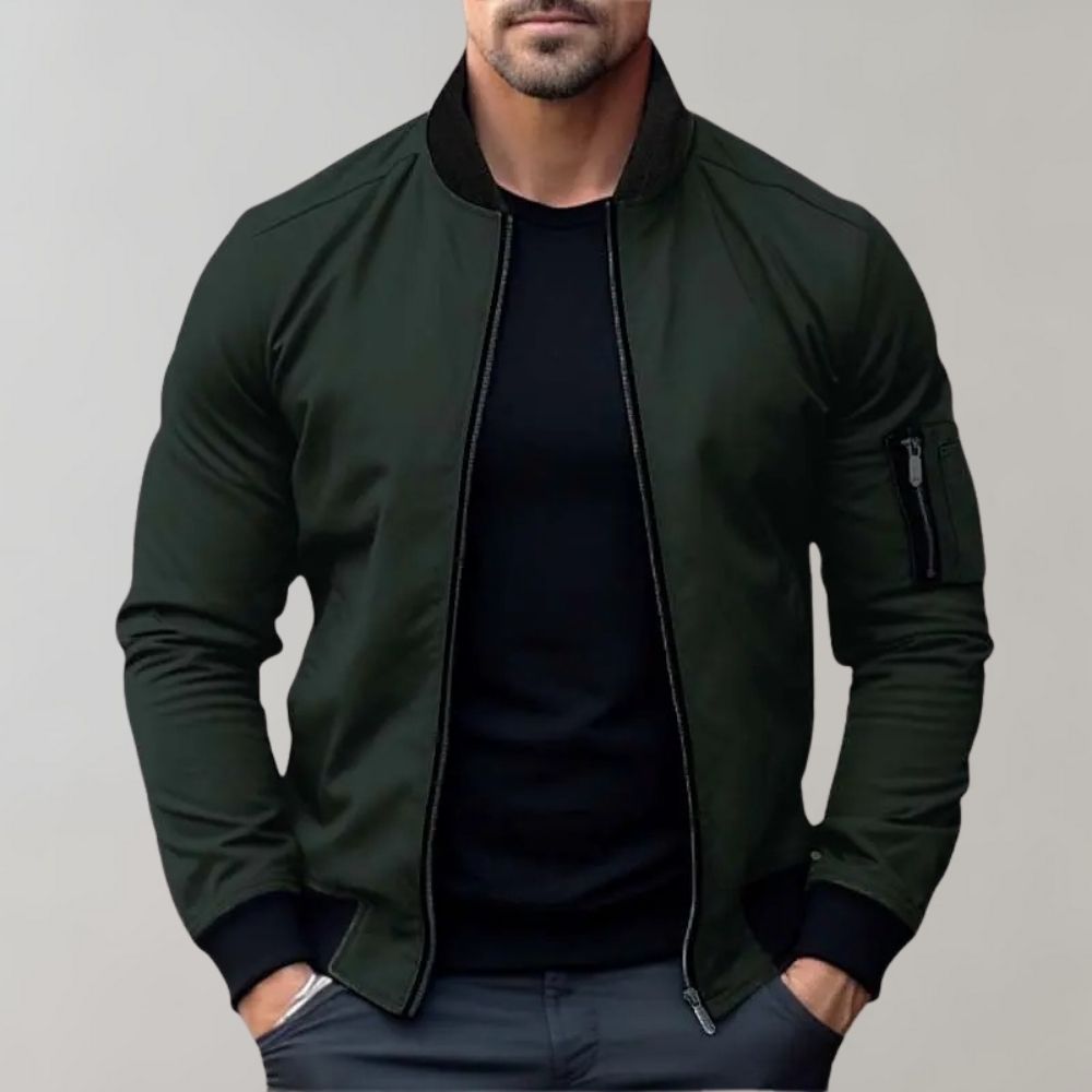 Men’s Bomber Jacket – Slim Fit – Lightweight Breathable Fabric – Ribbed Trim – Zip Sleeve Pocket