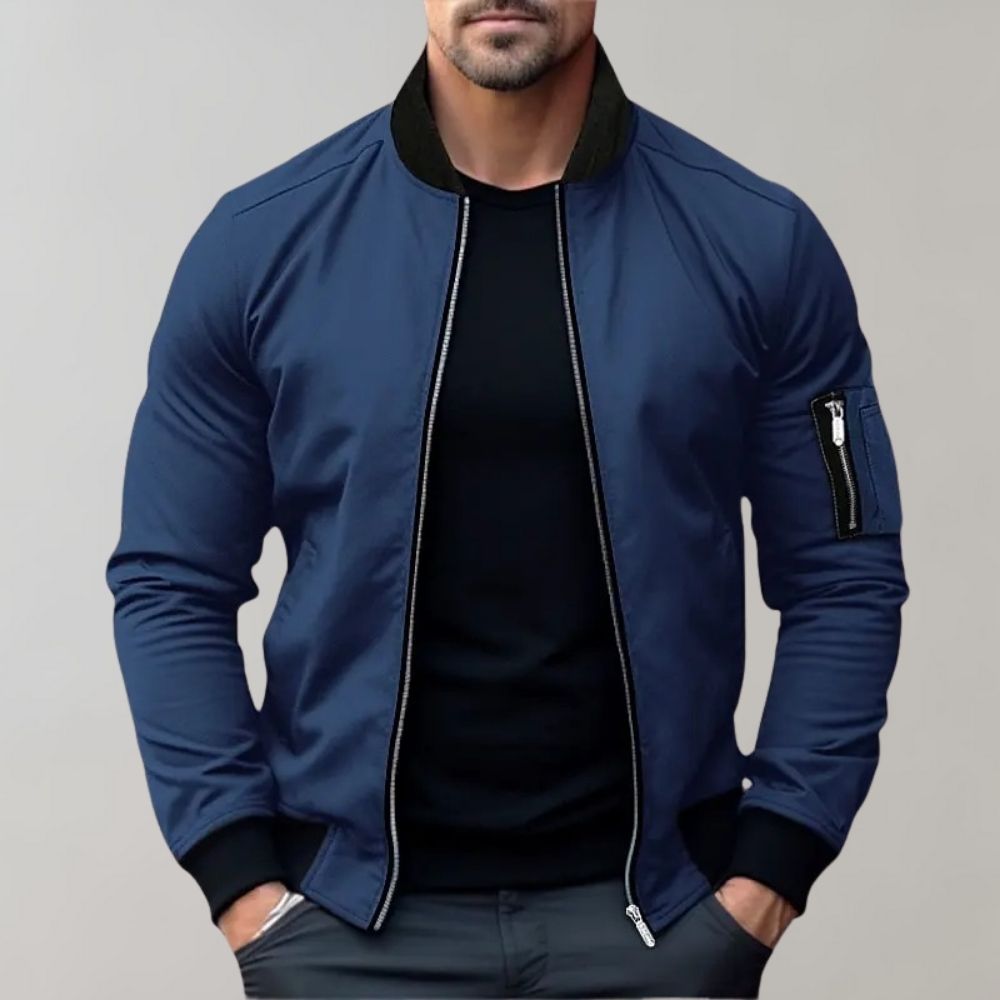 Men’s Bomber Jacket – Slim Fit – Lightweight Breathable Fabric – Ribbed Trim – Zip Sleeve Pocket