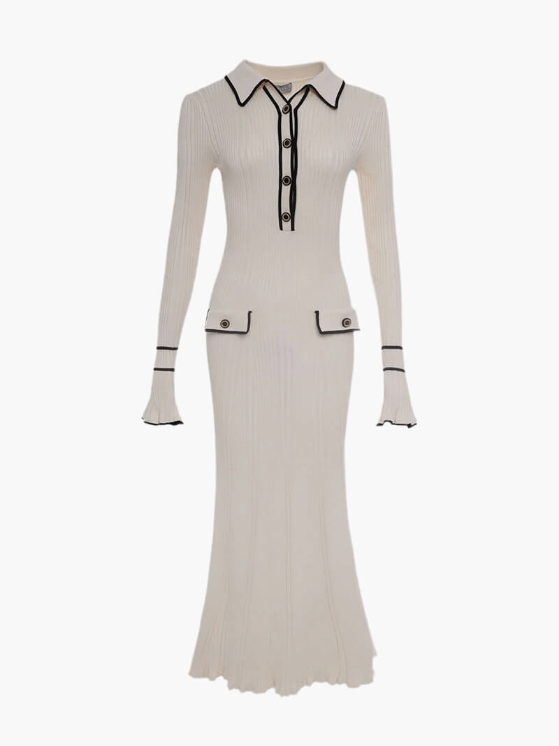 Women's Ribbed Knit Dress - Long Sleeve - Button Front - Contrast Trim - Elegant Fit
