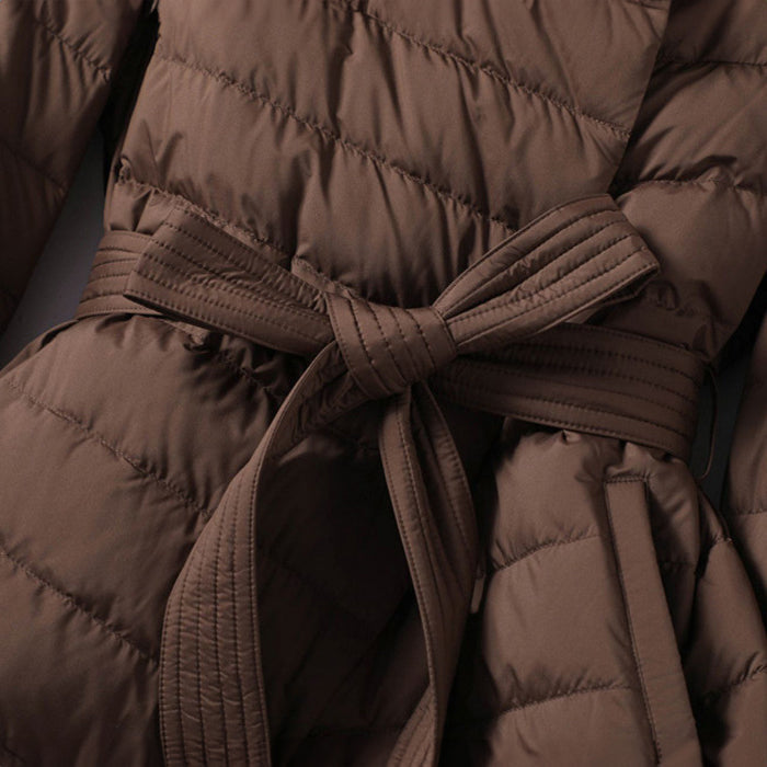 Sienna A-Line Puffer Jacket | Shawl Collar Quilted Belted Jacket