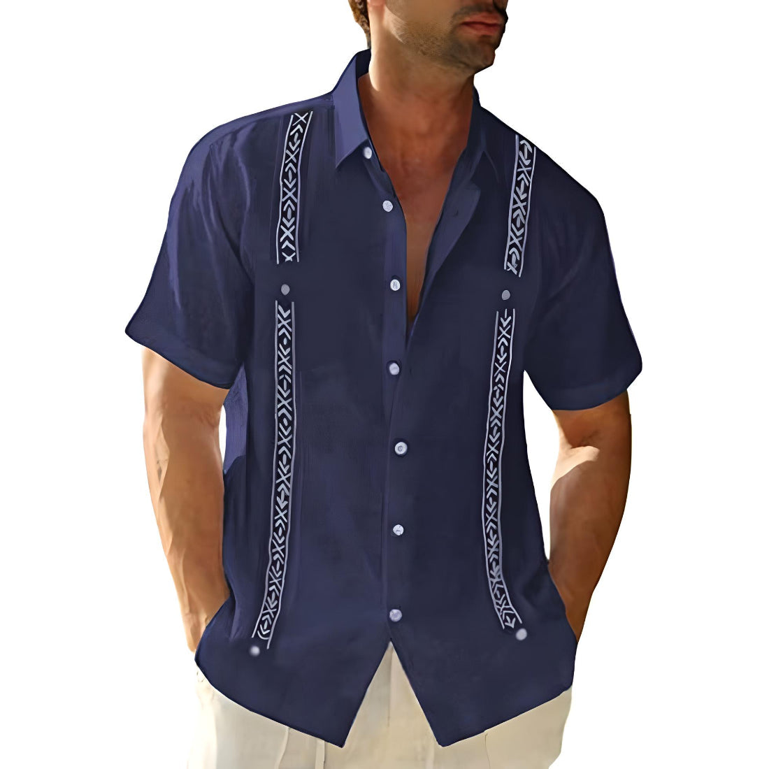 Men’s Button-Up Shirt – Relaxed Fit – Short Sleeve – Embroidered Detail – Breathable Blend
