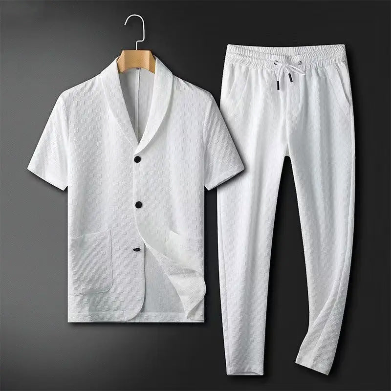 Men’s Blazer and Pants Set – Relaxed Fit – Short Sleeve – Textured Fabric – Elastic Waist