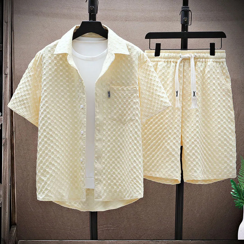 Men’s Streetwear Set – Relaxed Fit Button-Up Shirt & Mid-Length Shorts – Breathable Blend
