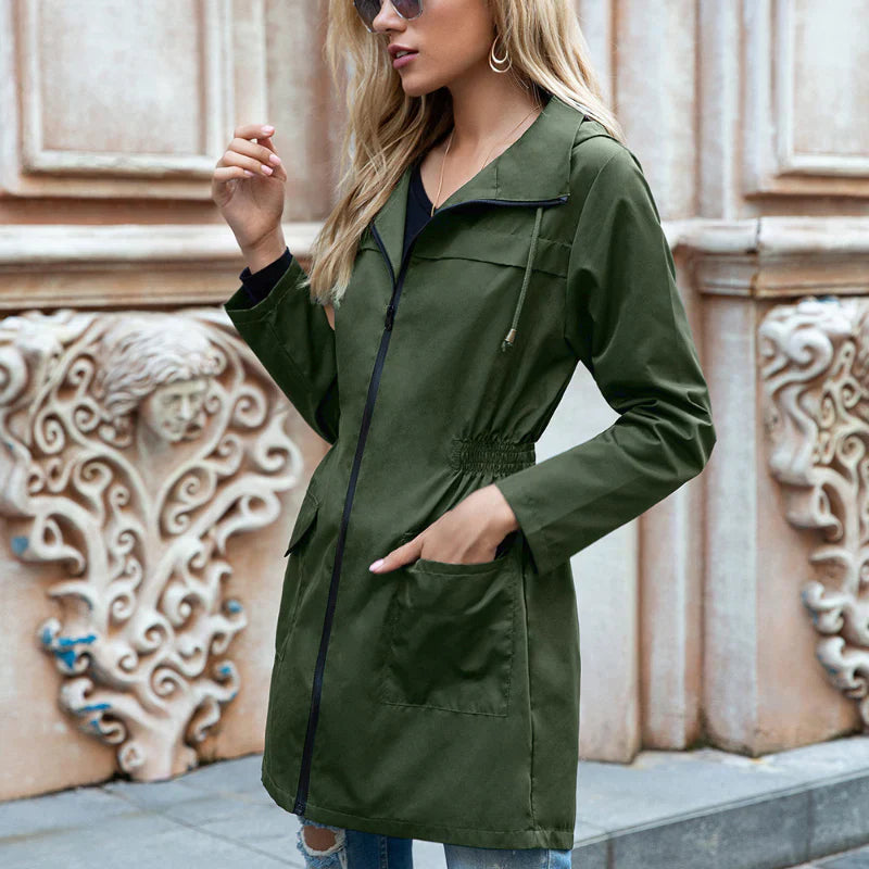 Women’s Long Raincoat – Water-Resistant – Relaxed Fit – Adjustable Waist – Hooded