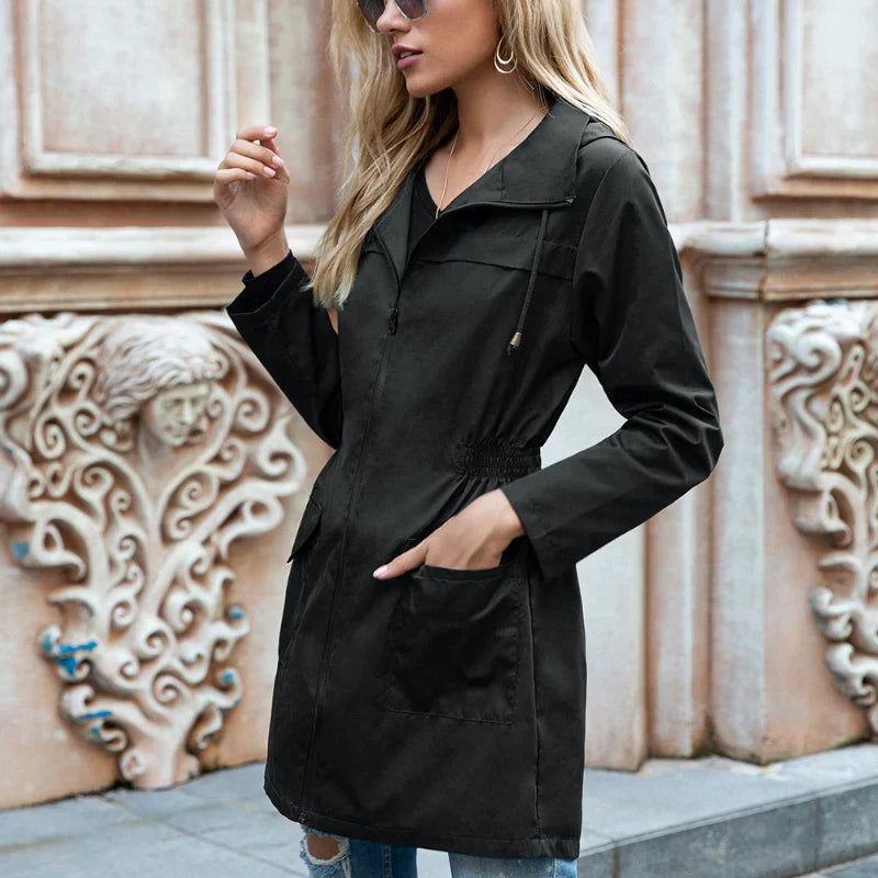 Women’s Long Raincoat – Water-Resistant – Relaxed Fit – Adjustable Waist – Hooded