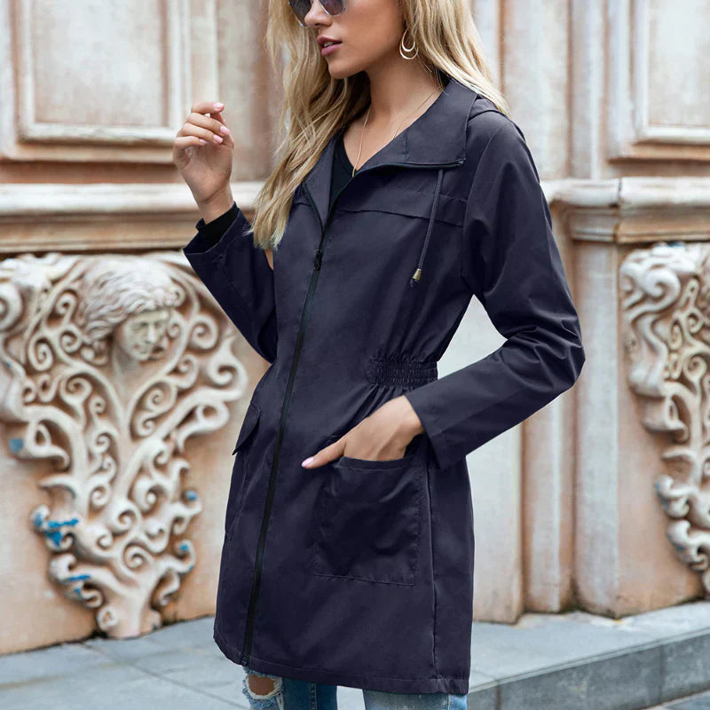 Women’s Long Raincoat – Water-Resistant – Relaxed Fit – Adjustable Waist – Hooded