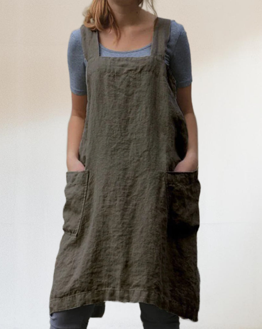 Women’s Apron Dress – Relaxed Fit – Cotton Linen – Square Neck – Knee Length Pockets