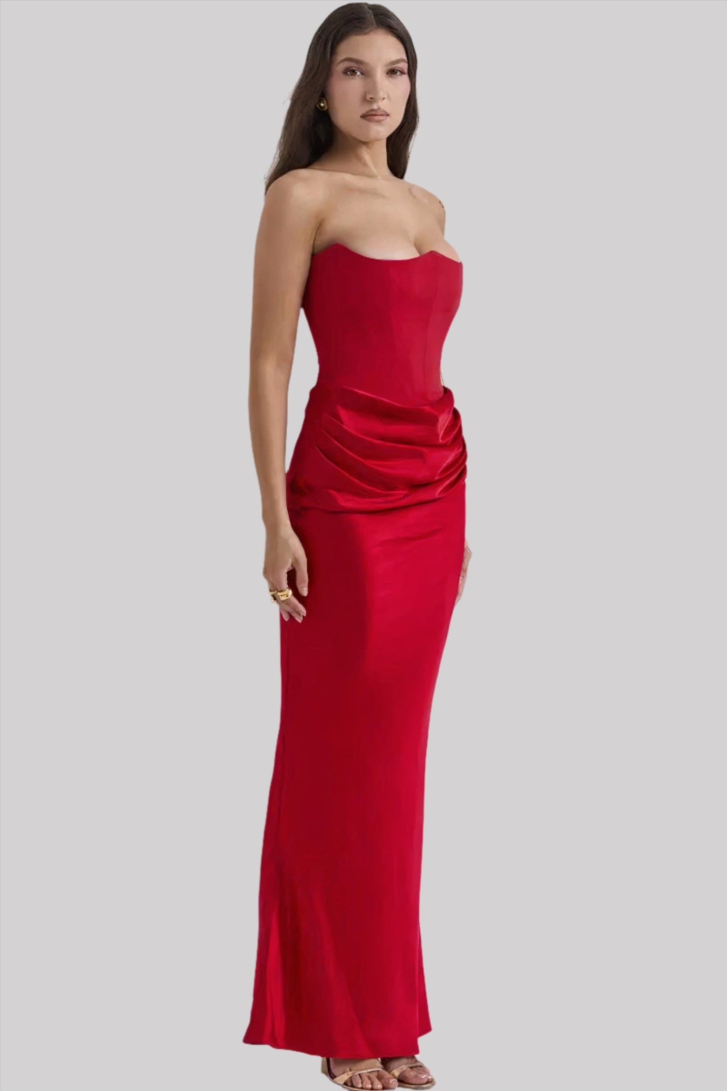 Women’s Maxi Dress – Strapless Satin Look – Form-Fitting Silhouette – Draped Waist