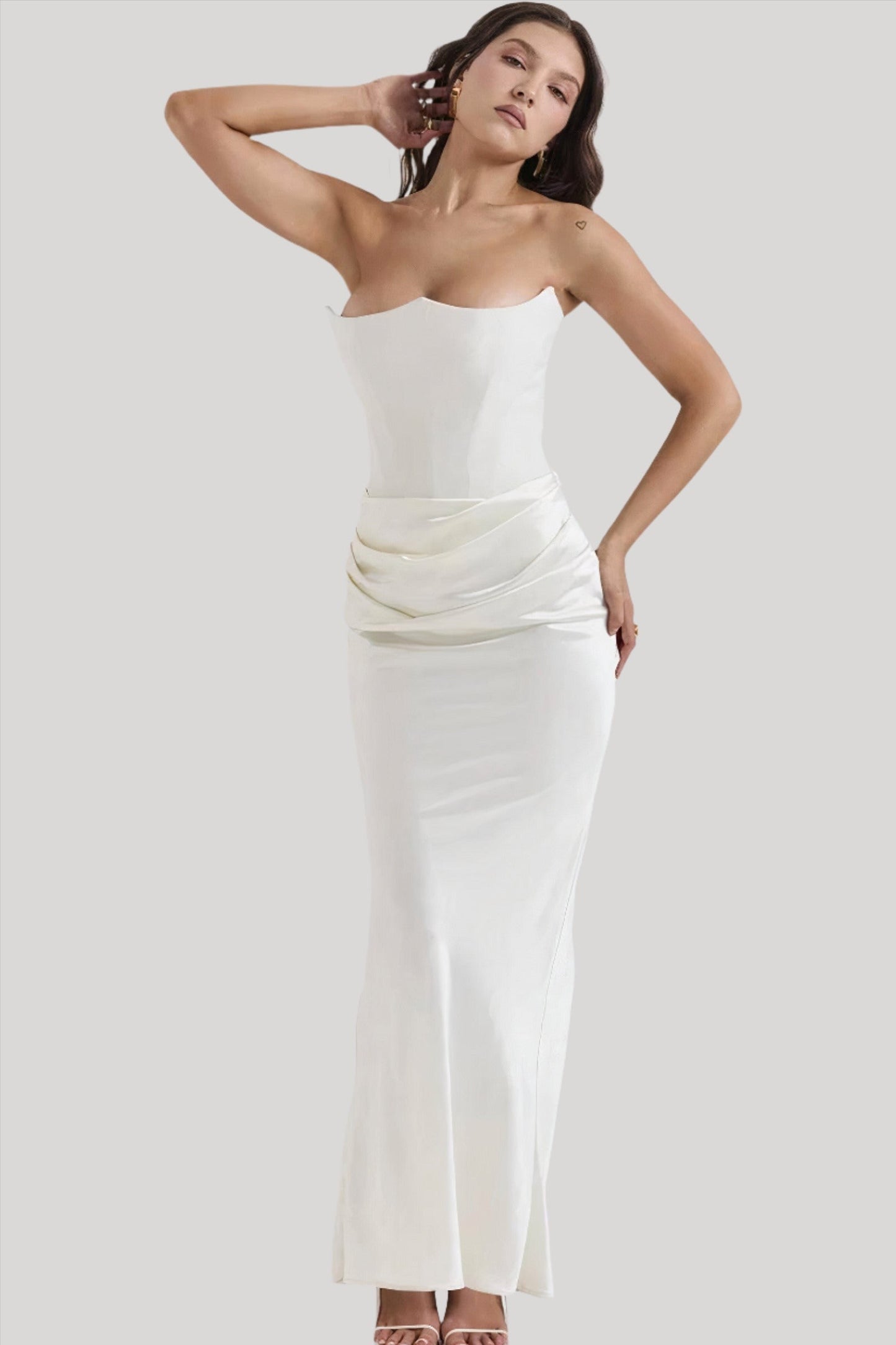 Women’s Maxi Dress – Strapless Satin Look – Form-Fitting Silhouette – Draped Waist