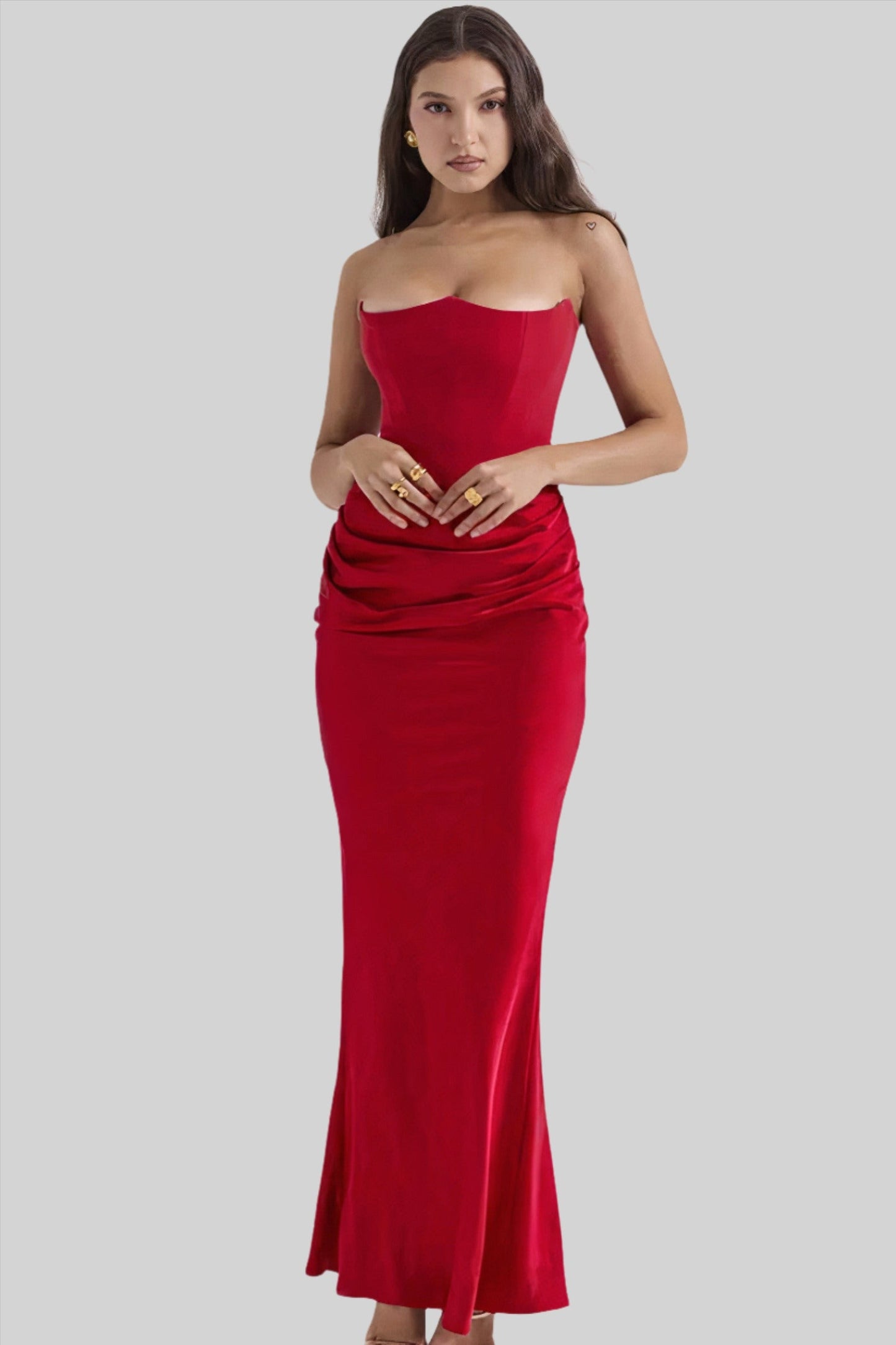 Women’s Maxi Dress – Strapless Satin Look – Form-Fitting Silhouette – Draped Waist