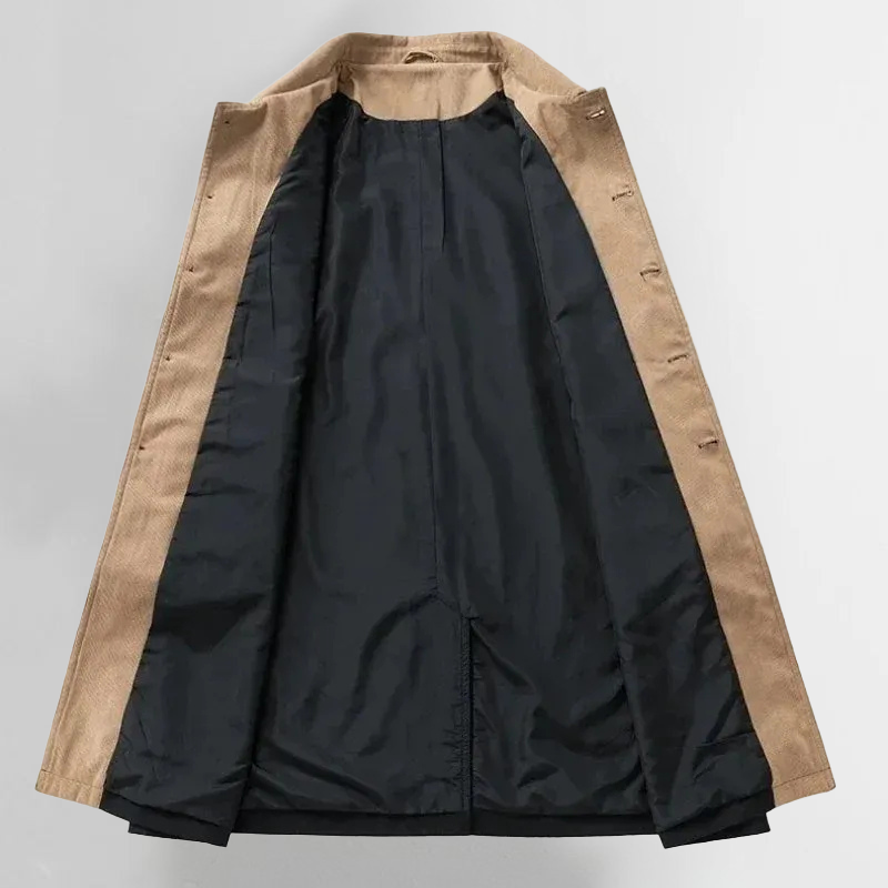 Harrison Relaxed Fit Long Coat | Button Front Contrasting Collar Coat