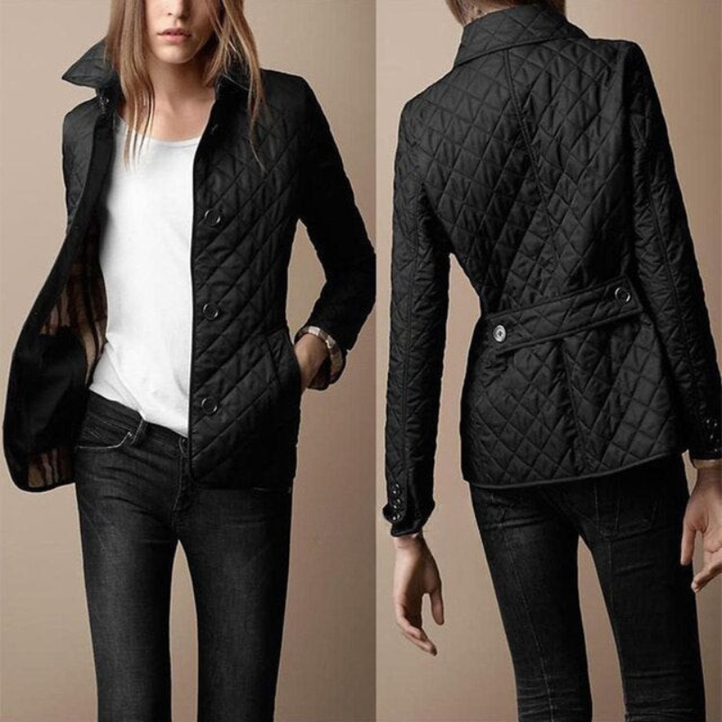 Women’s Quilted Coat – Lightweight – Tailored Fit – Button Front – Hip Length