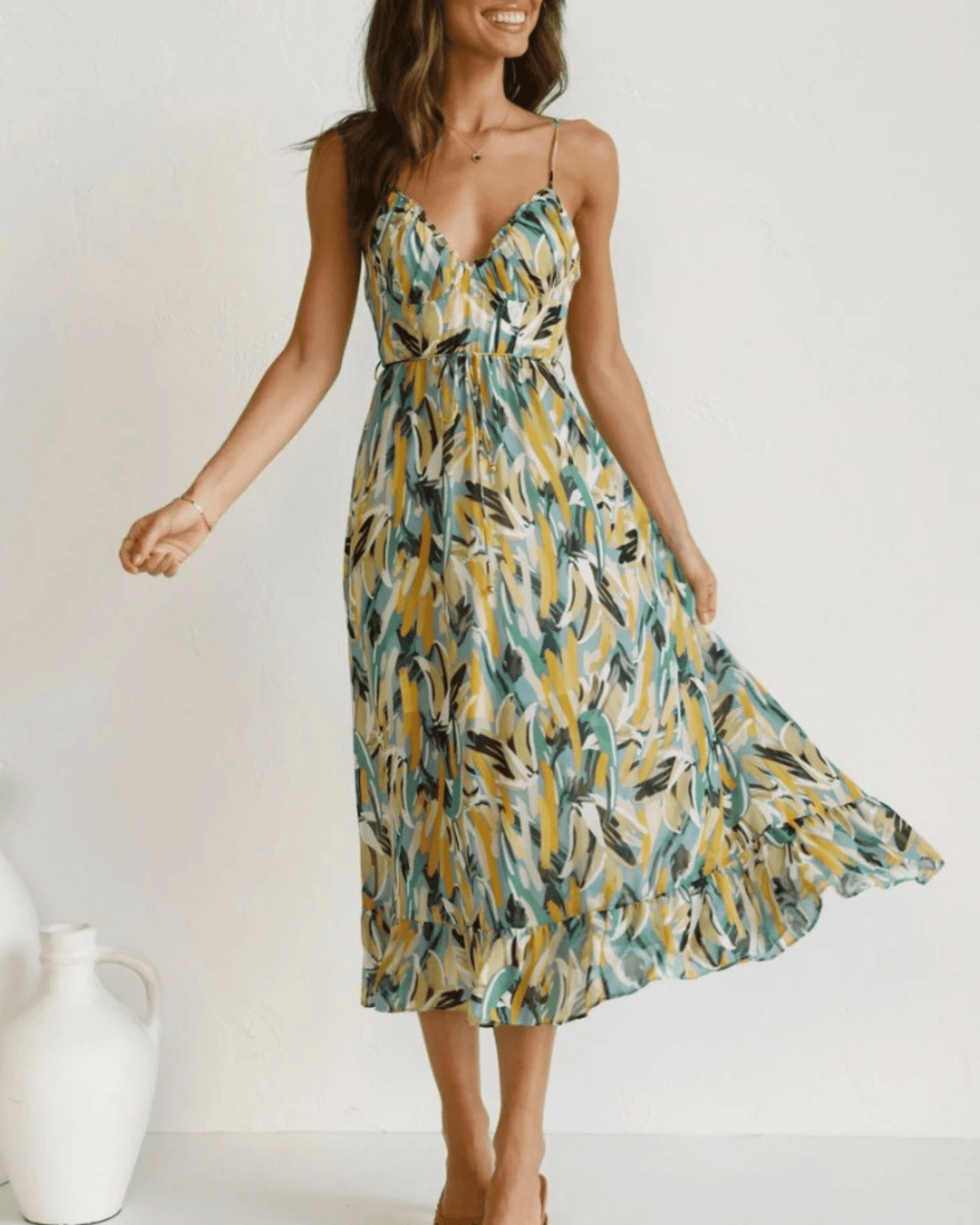 Women's Maxi Dress - V-Neck Spaghetti Straps - Flowy Lightweight Fabric - Asymmetrical Hem