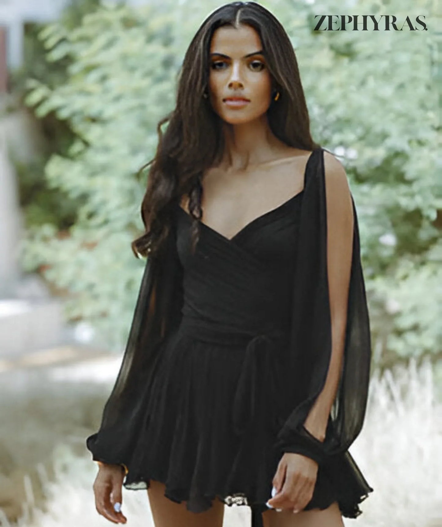 Women's Wrap Dress - Deep V-Neck - Long Sheer Sleeves - Cinched Waist - Ruffled Hem