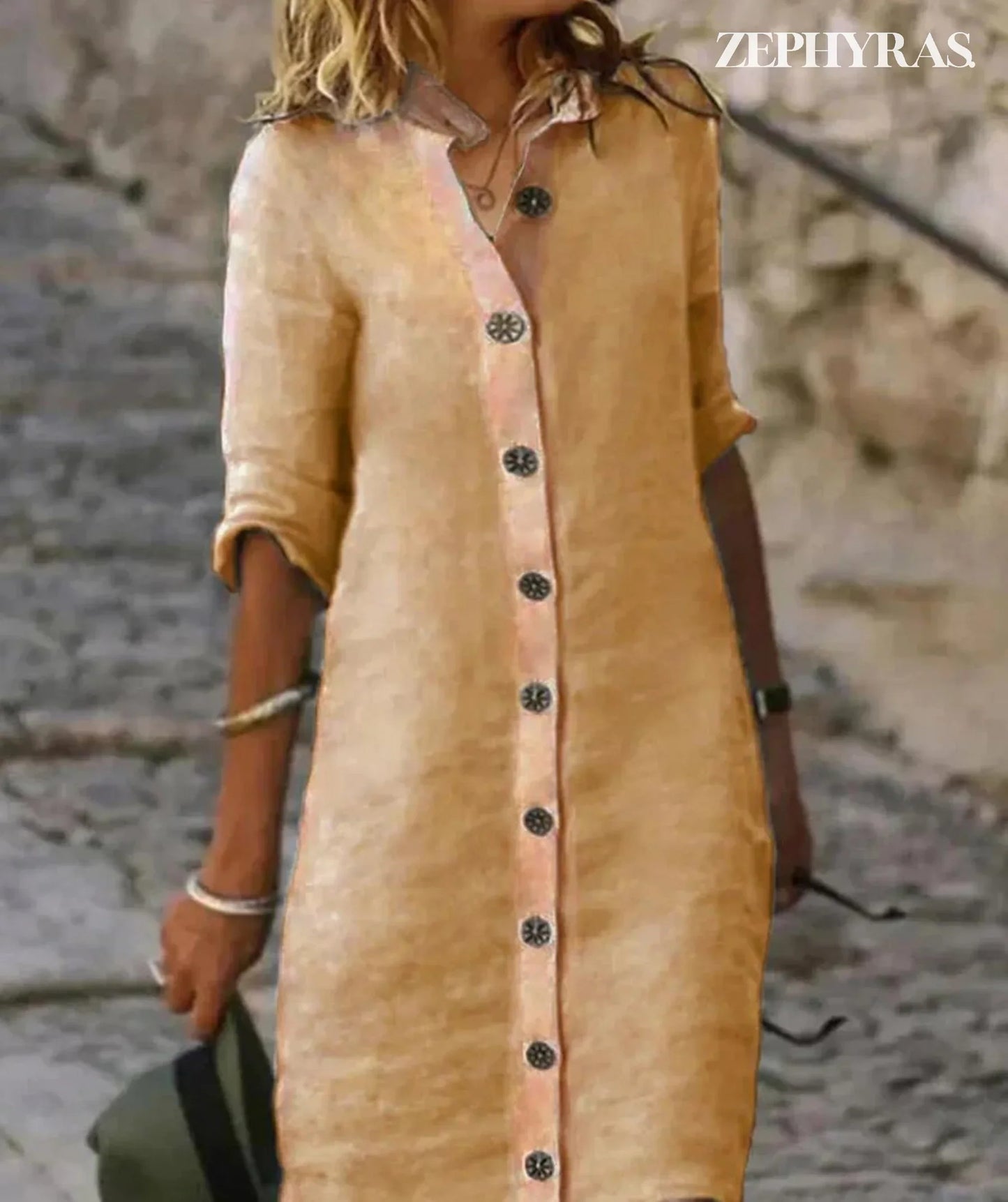 Women's Button-Up Shirt Dress - Relaxed Fit - Three-Quarter Sleeve - Lightweight Linen Blend