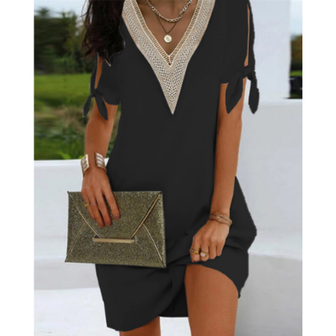 Women’s Tunic Dress – Relaxed Fit – V-Neck Detail – Sleeve Slits with Ties