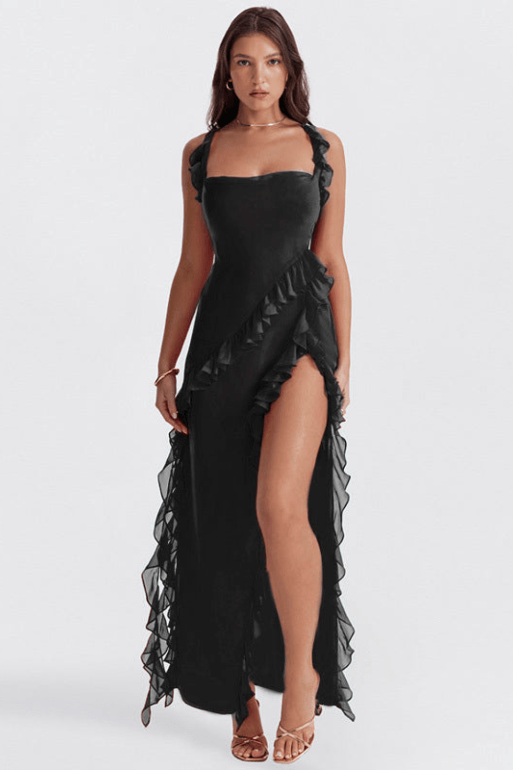 Women's Evening Gown - Floor-Length Chiffon - Spaghetti Straps - Ruffle Detail - High Slit