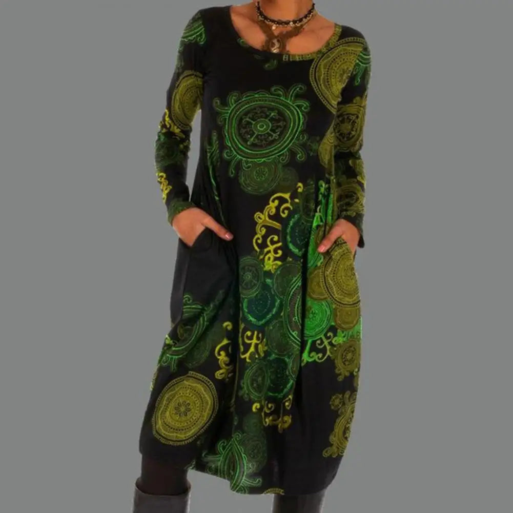 Women's A-Line Dress - Long Sleeve - Knee-Length Bohemian Print - Functional Pockets