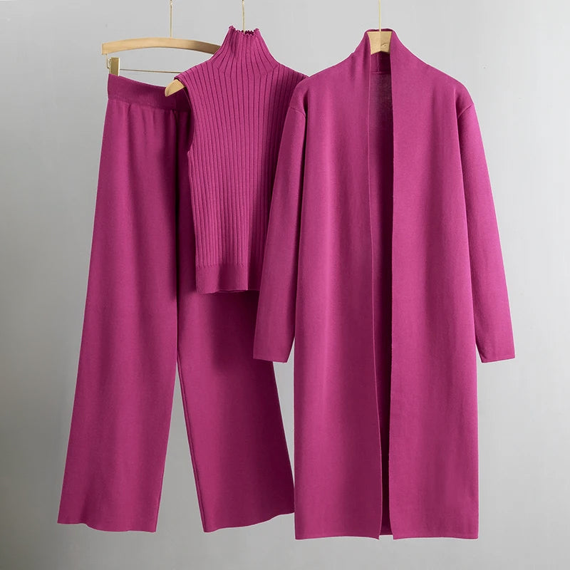 Women’s Three-Piece Set – Long Cardigan – Soft Knit – Open Front – Relaxed Fit – Mid-Calf Length