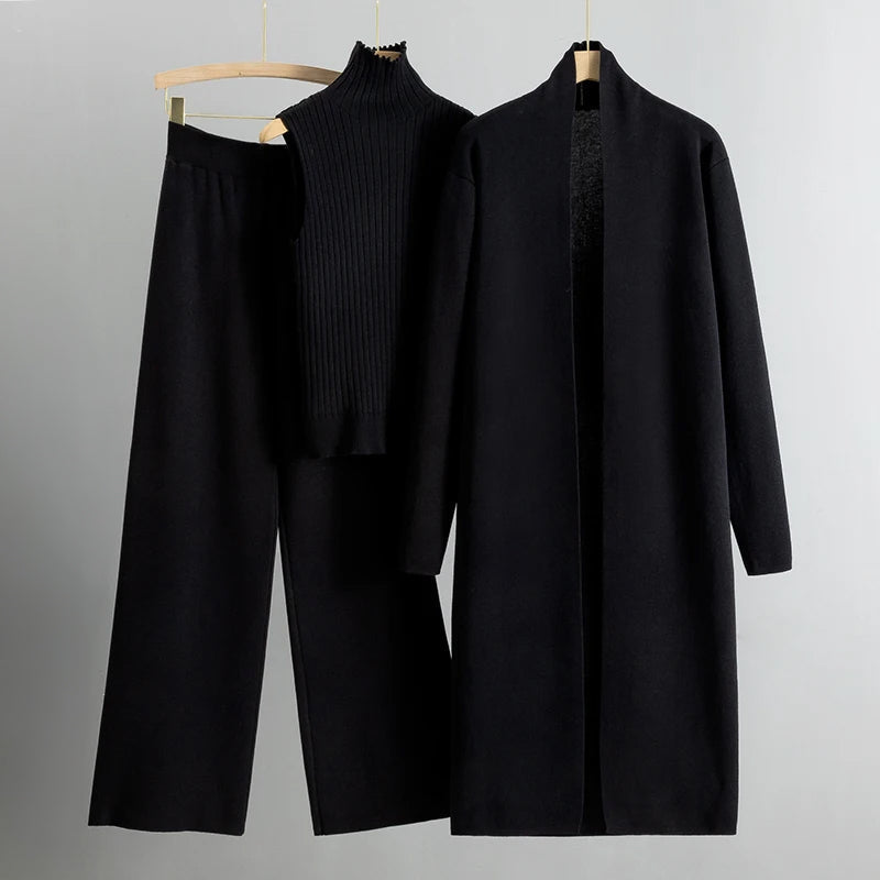 Women’s Three-Piece Set – Long Cardigan – Soft Knit – Open Front – Relaxed Fit – Mid-Calf Length