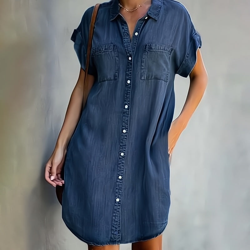 Women’s Shirt Dress – Relaxed Fit – Button-Down Front – Natural Fibers – Knee Length