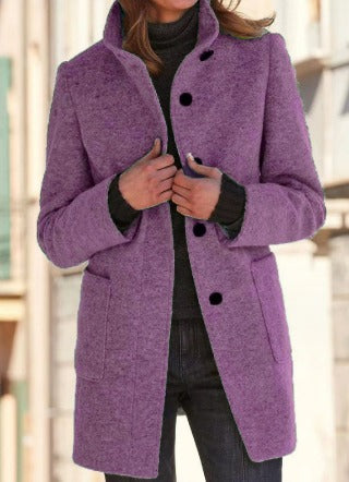 Women’s Coat - Wool Blend - Tailored Fit - High Collar - Front Pockets