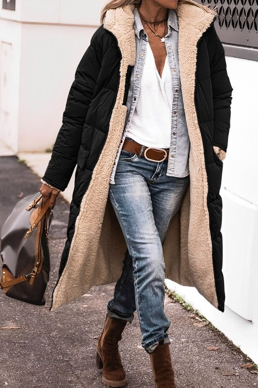 Women's Long Coat - Quilted - Oversized Fit - Plush Lining - Open Front