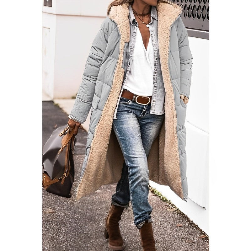 Women's Long Coat - Quilted - Oversized Fit - Plush Lining - Open Front