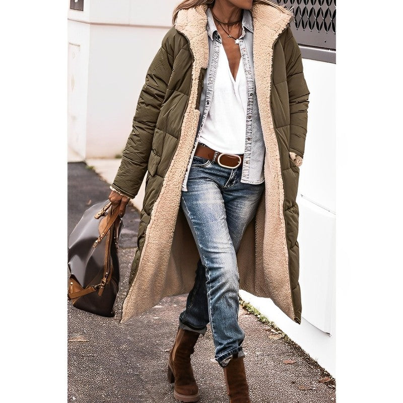 Women's Long Coat - Quilted - Oversized Fit - Plush Lining - Open Front