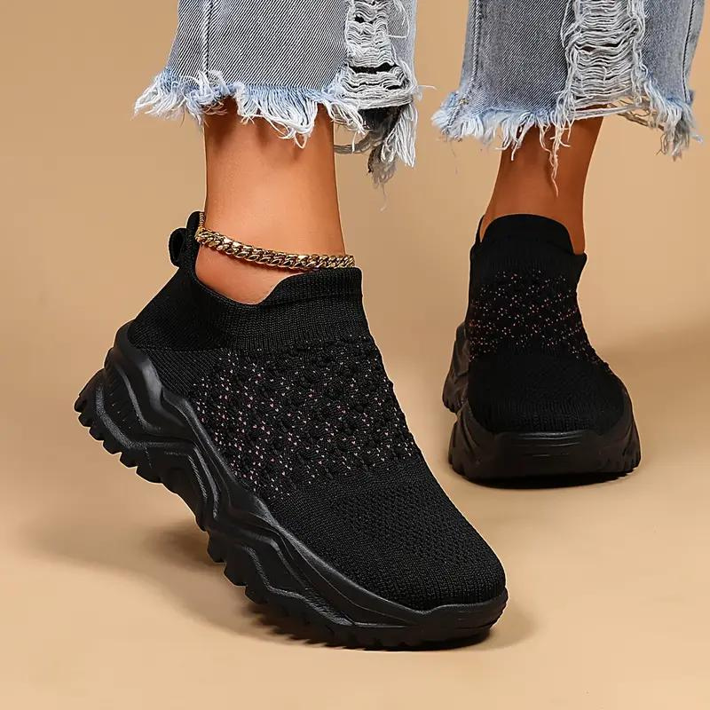 Women’s Slip-On Sneakers – Knit Ribbed Upper – Cushioned Sole – Sock-Like Fit