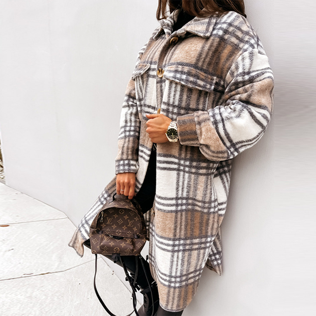 Women’s Long Coat – Wool Blend – Oversized Fit – Checkered – Button Front – Flap Pockets