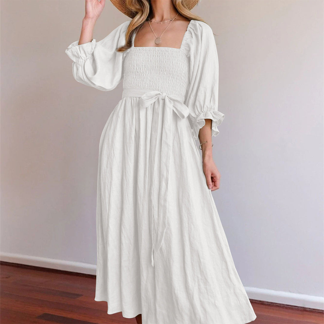 Women's Midi Dress - Square Neck - Puff Sleeves - Smocked Back - Flowy Lightweight Fabric