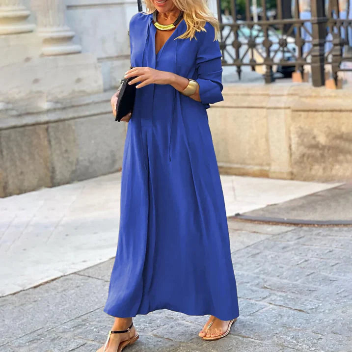 Women’s Maxi Dress – Relaxed Fit – Long Sleeve – Cotton Blend – V-Neck Elegance