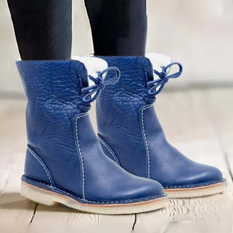 Women’s Mid-Calf Boots – Faux Leather – Plush Lining – Non-Slip Sole – Lace-Up Design