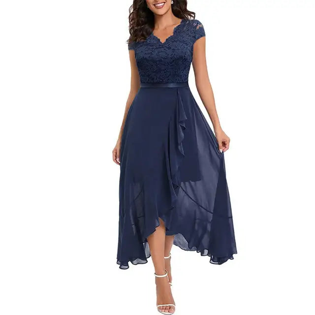 Women’s Evening Dress – Lace Bodice – A-Line Fit – High-Low Hem – Ruffle Skirt