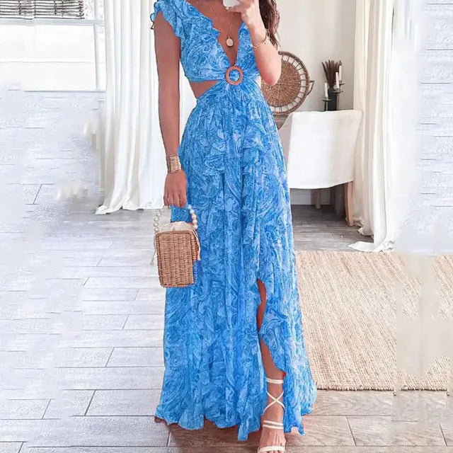 Women's Maxi Dress - V-Neck Ruffle Sleeve - Cut-Out Waist - Flowy Bohemian Print