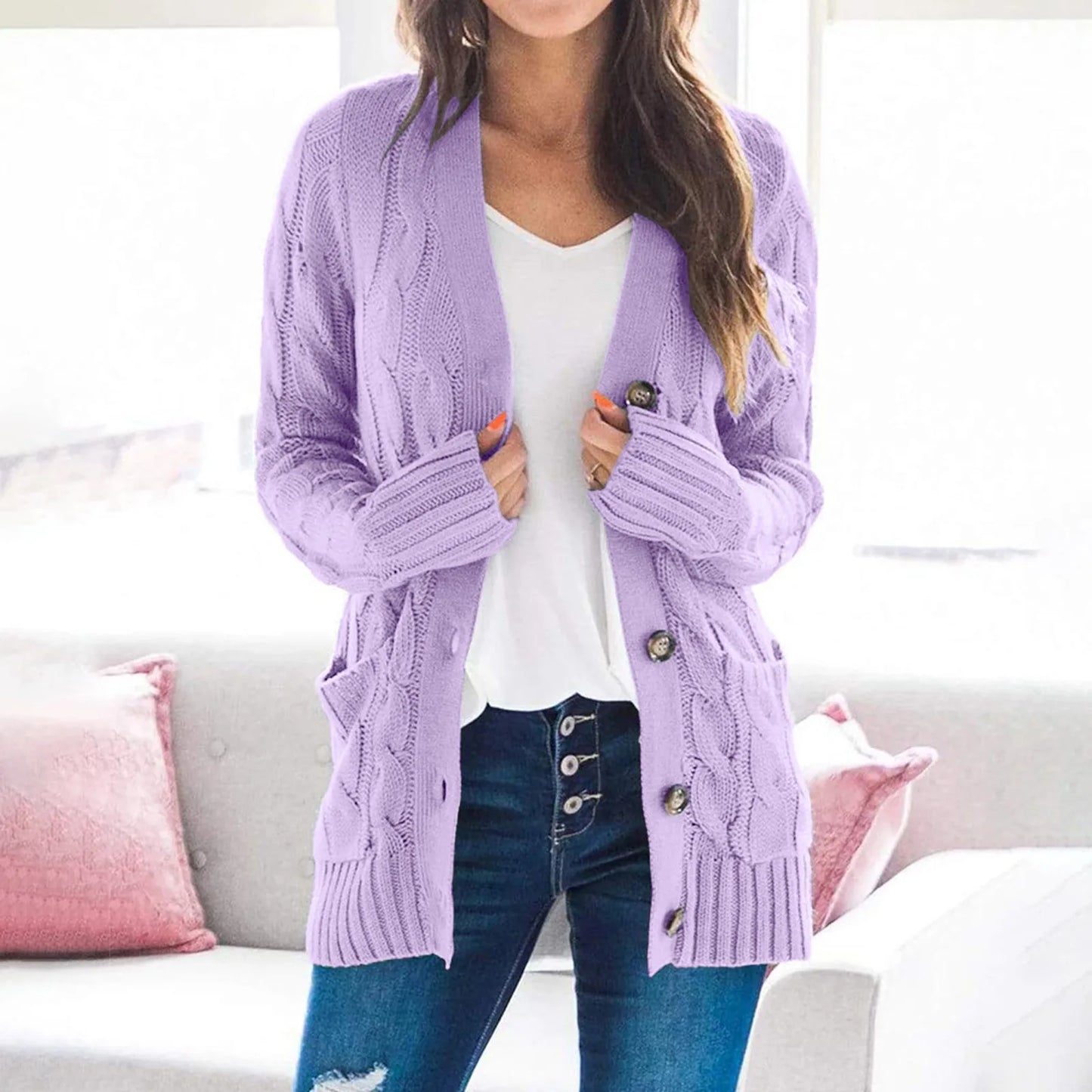 Women’s Long Knitted Vest – Relaxed Fit – Cable Knit – Wool Blend – Button Front