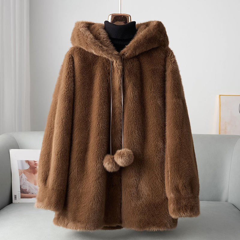 Olivia Hooded Coat | Pom Pom Details Drawstring Coat