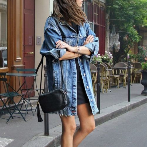 Women’s Button-Down Jacket – Oversized Fit – Denim Look – Distressed Hem – Casual Style