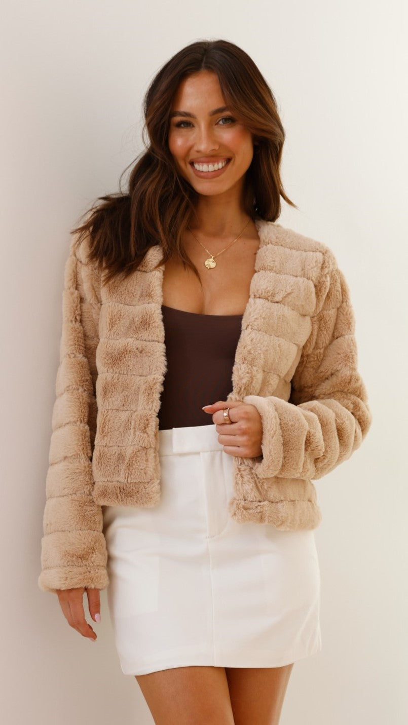 Lydia Quilted Cropped Faux Fur Jacket | Relaxed Fit Open Front Jacket