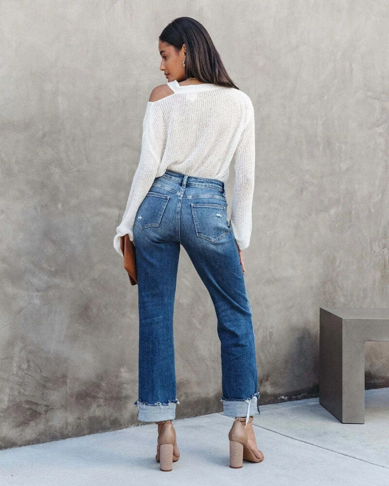 Women’s Jeans – High Rise – Straight Leg – Distressed Denim – Rolled Cuff – Casual Fit