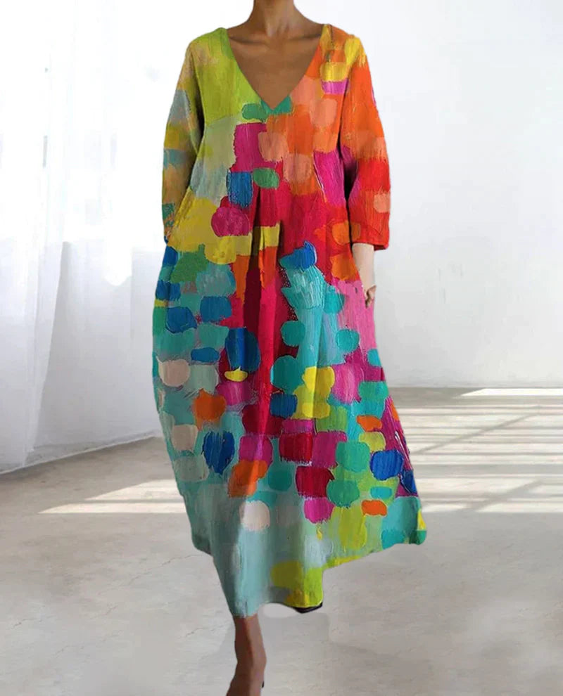 Women's Maxi Dress - Flowing Loose Fit - V-Neck - Three-Quarter Sleeve - Abstract Print