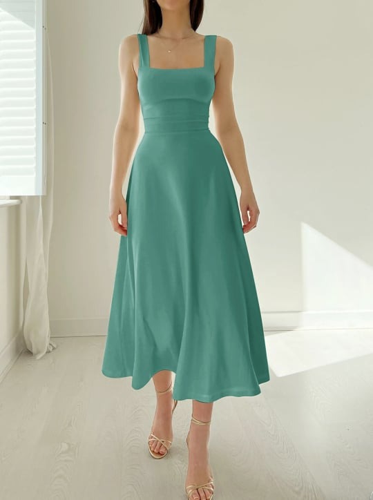 Women’s Midi Dress – A-Line Fit – Smooth Stretch Fabric – Square Neck – Broad Straps
