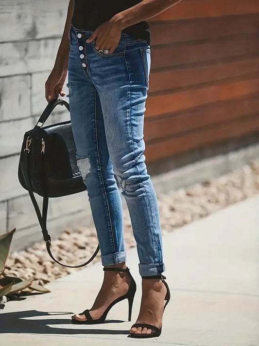Women's Skinny Jeans - High-Waisted Stretch Denim - Button-Fly - Distressed Cuffed Hem