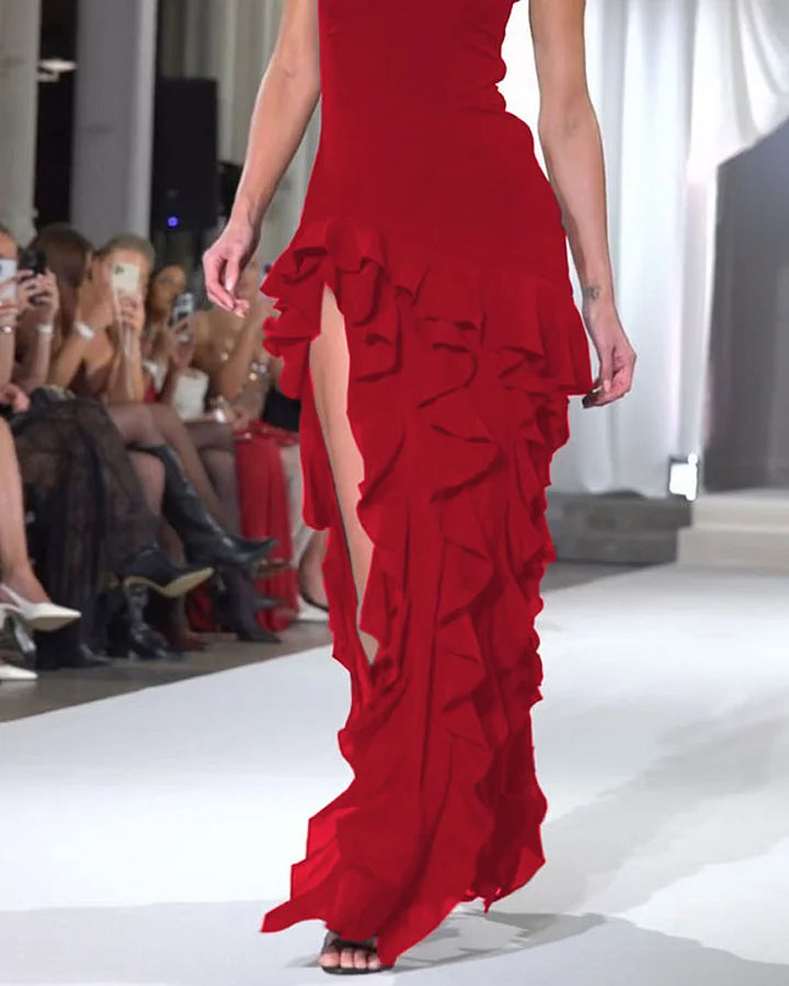Women's Strapless Evening Dress - High-Low Ruffle Hem - Elegant Formal Wear