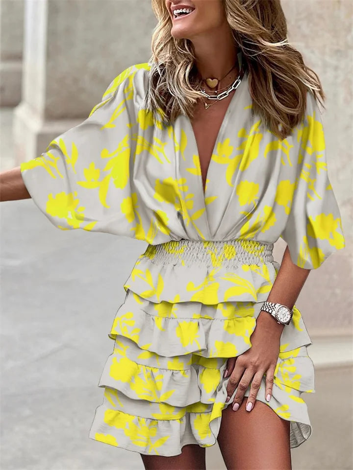Women's Floral Dress - Short Flowy Design - Deep V-Neck - Ruffled Skirt - Relaxed Fit
